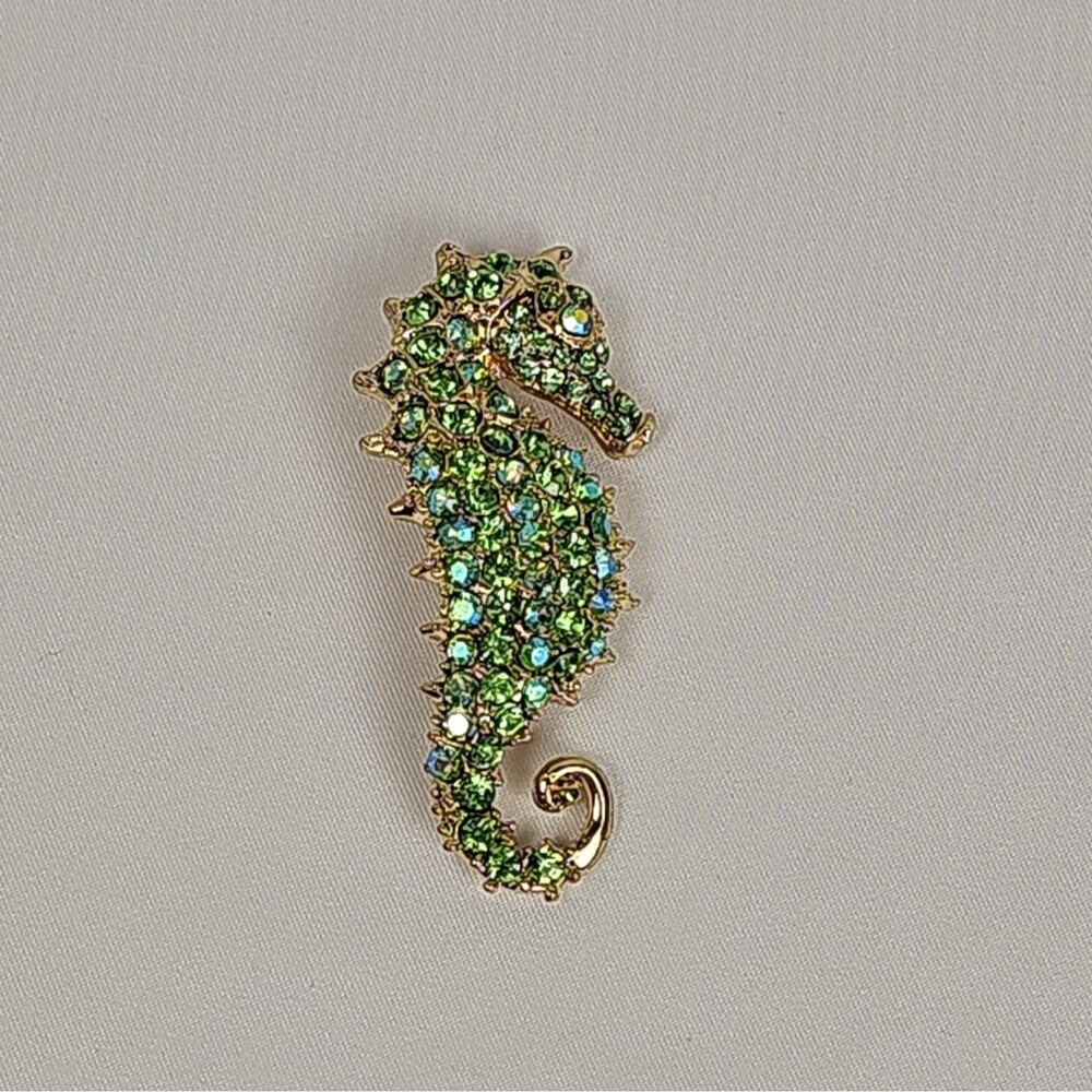 Green Rhinestone Seahorse Brooch Gold Tone AB Crystal Coastal